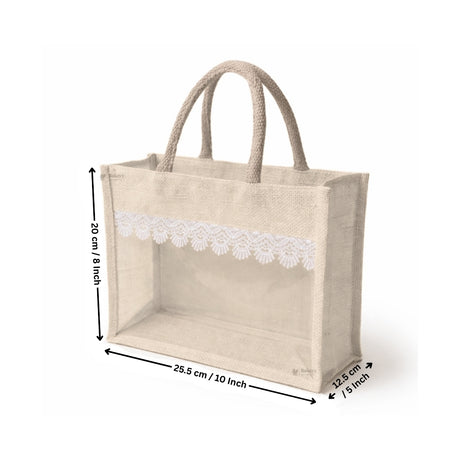 Transparent Window Jute Gift Bag with Zipper Lock & Lace Design | 4 Size Options Available | Pack of 1