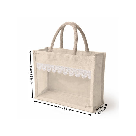 Transparent Window Jute Gift Bag with Zipper Lock & Lace Design | 4 Size Options Available | Pack of 1