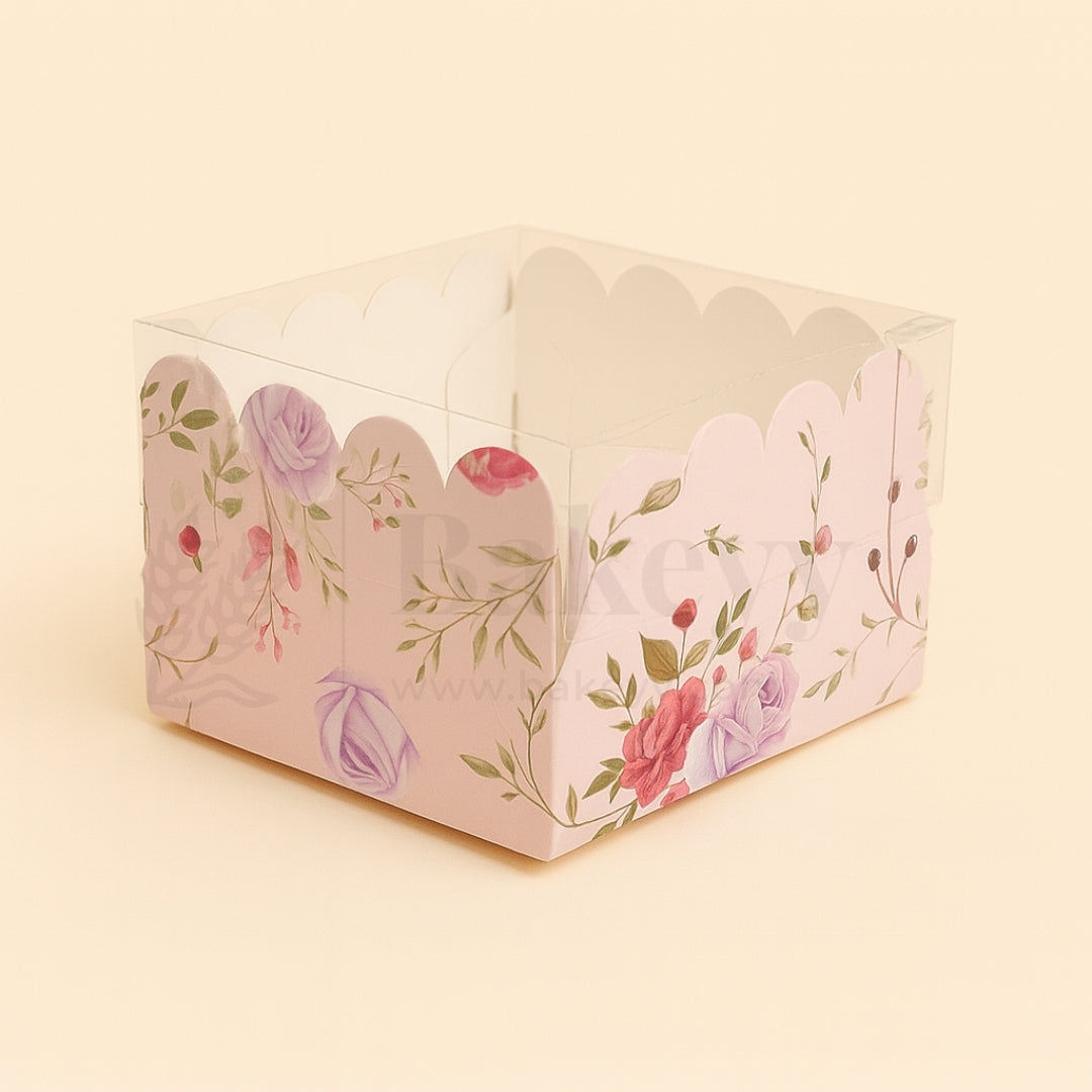 Light Pink Floral Print 1 Brownie Box With Transparent Lid | Pack of 50