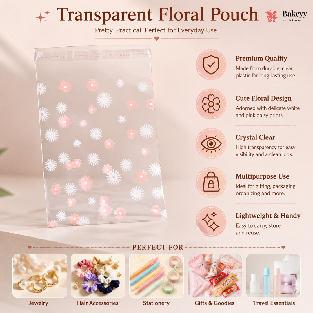 Transparent floral pouch with product features and uses on a beige background