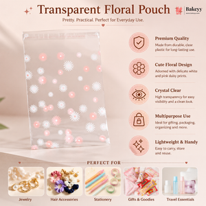 Transparent floral pouch with product features and uses on a beige background