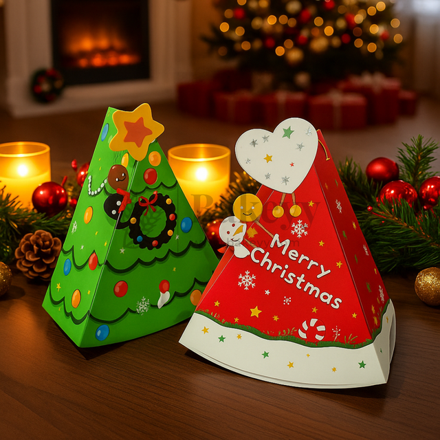 Two Christmas-themed paper lanterns on a table with candles and decorations in the background.