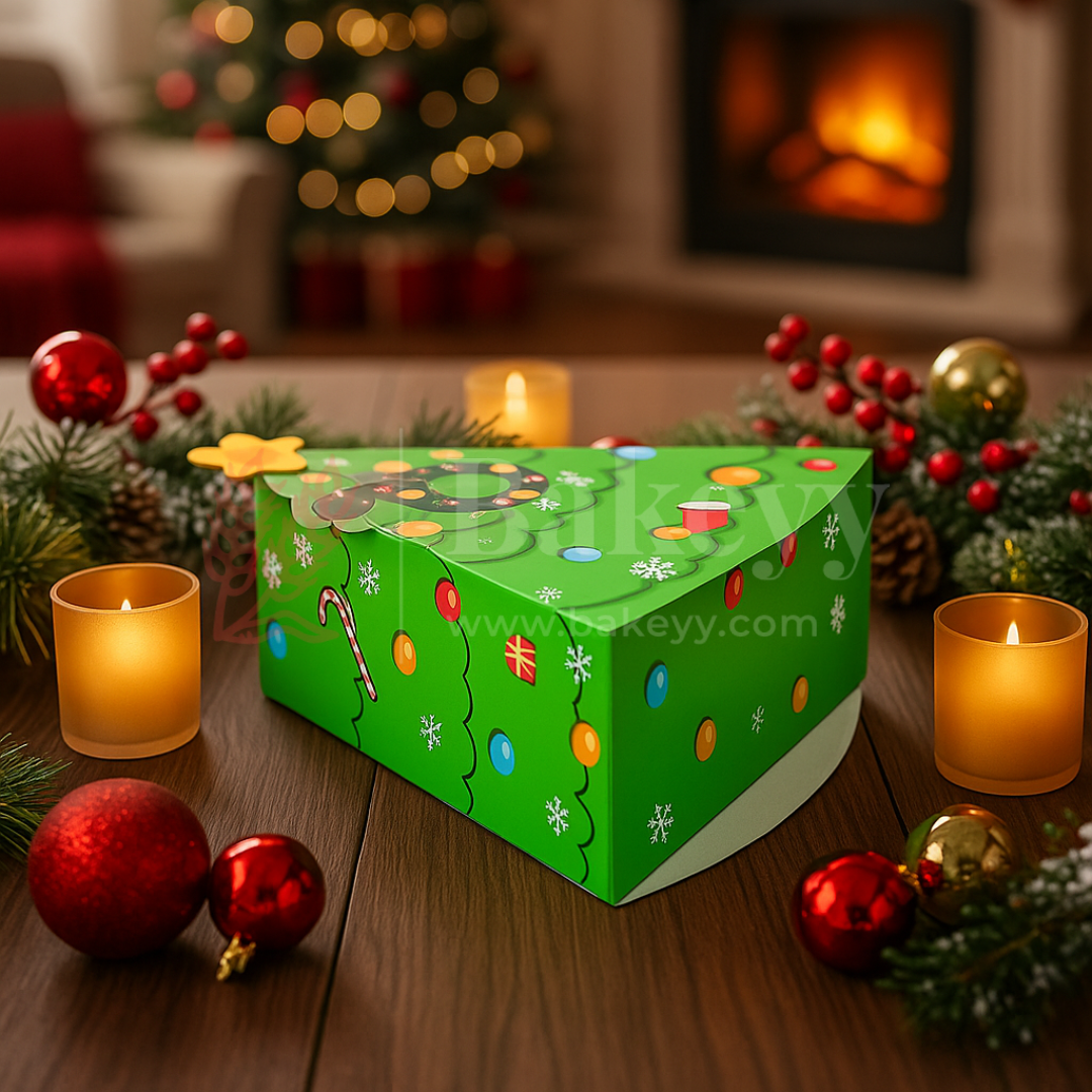 Green gift box with festive design surrounded by Christmas decorations and candles in a cozy room.