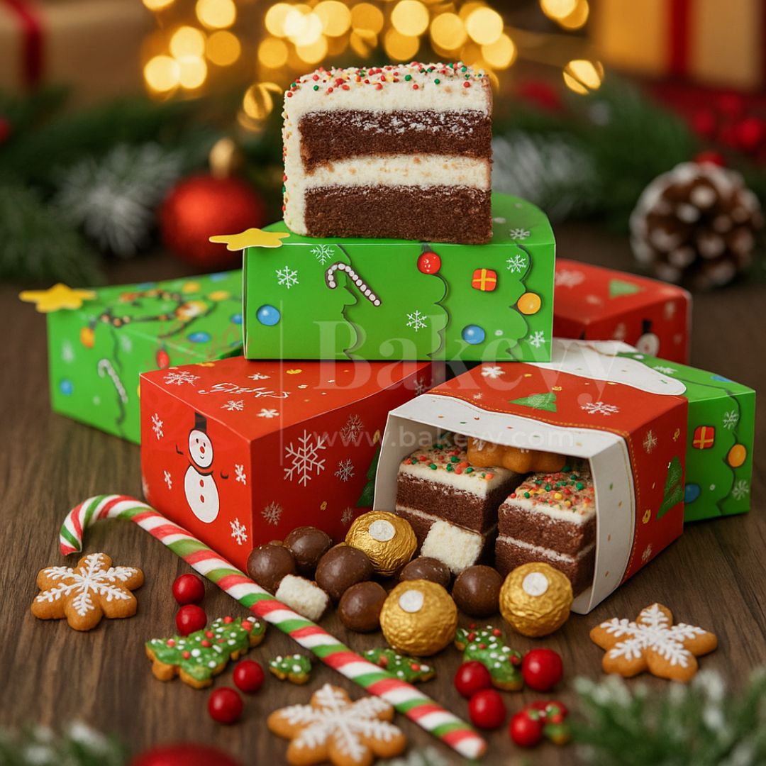 Decorative Christmas gift box with assorted chocolates and a slice of cake, surrounded by festive decorations.