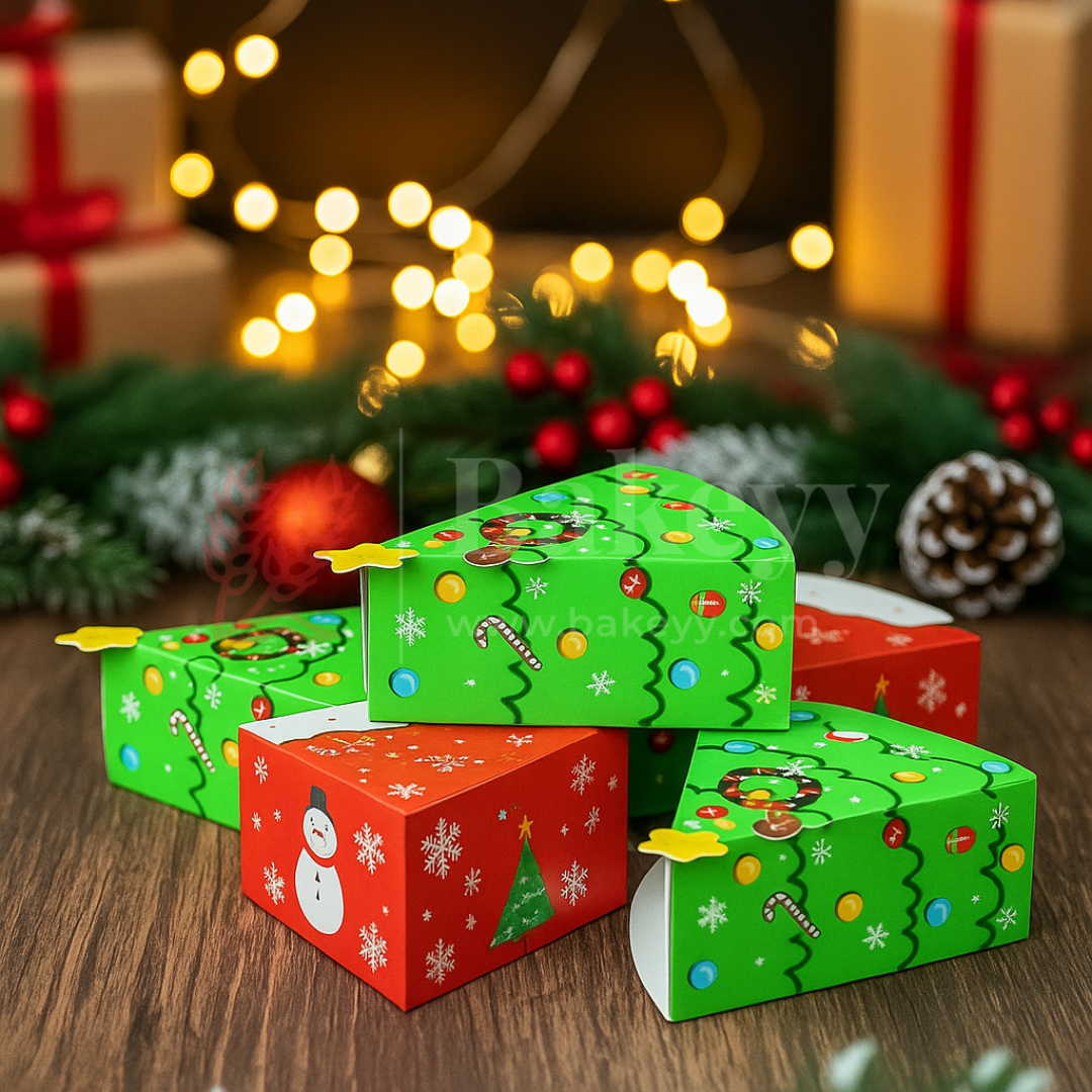 Decorative Christmas gift boxes on a wooden surface with festive background