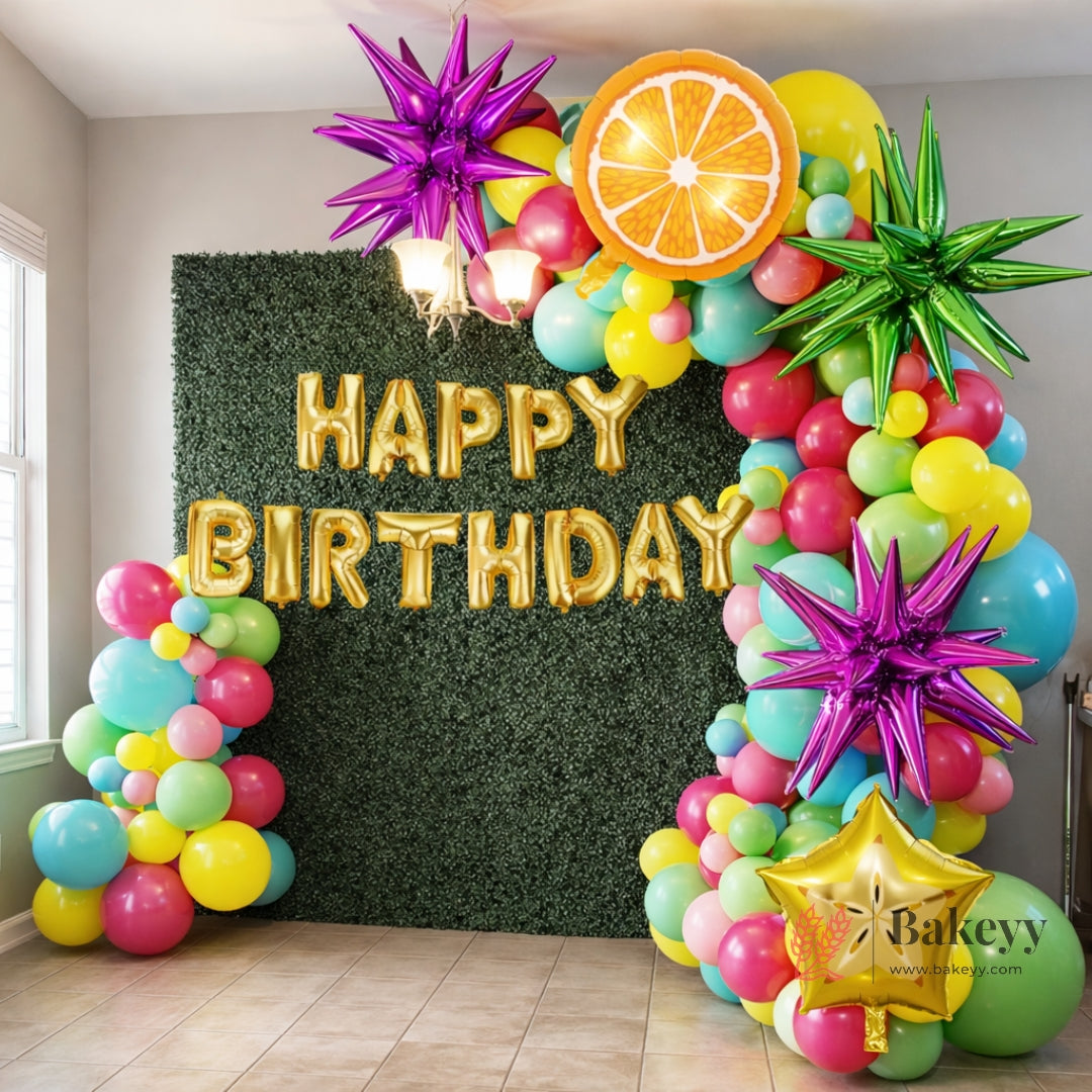 Complete balloon arch decoration kit
Bright tropical color palette
Premium quality latex and foil balloons
Ideal for wall backdrops, arches, and photo setups
Suitable for indoor birthday decorations