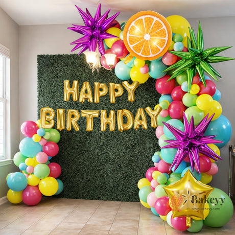 Complete balloon arch decoration kit
Bright tropical color palette
Premium quality latex and foil balloons
Ideal for wall backdrops, arches, and photo setups
Suitable for indoor birthday decorations