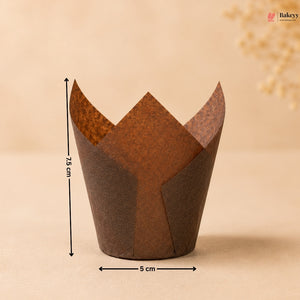 Brown cupcake liner with measurements on a beige background