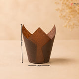 Brown paper cupcake wrapper with measurements on a beige background