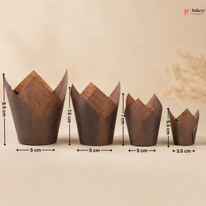 Set of brown paper cupcake liners with measurements on a beige background