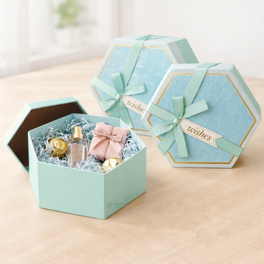 Turquoise Hexagon Gift Box with Ribbon | Luxury Rigid Hamper & Chocolate Packaging Box | Available in 3 Sizes | Pack of 1