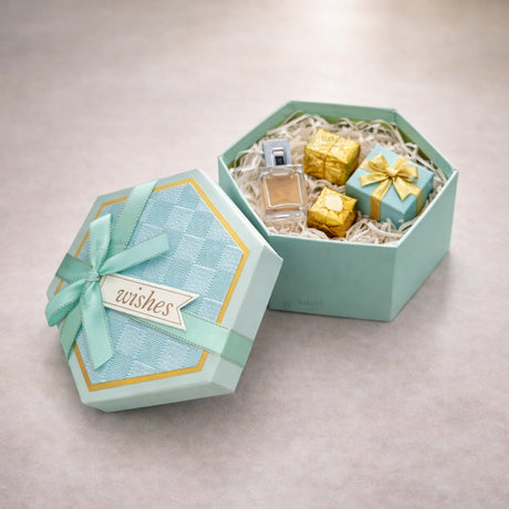 Turquoise Hexagon Gift Box with Ribbon | Luxury Rigid Hamper & Chocolate Packaging Box | Available in 3 Sizes | Pack of 1