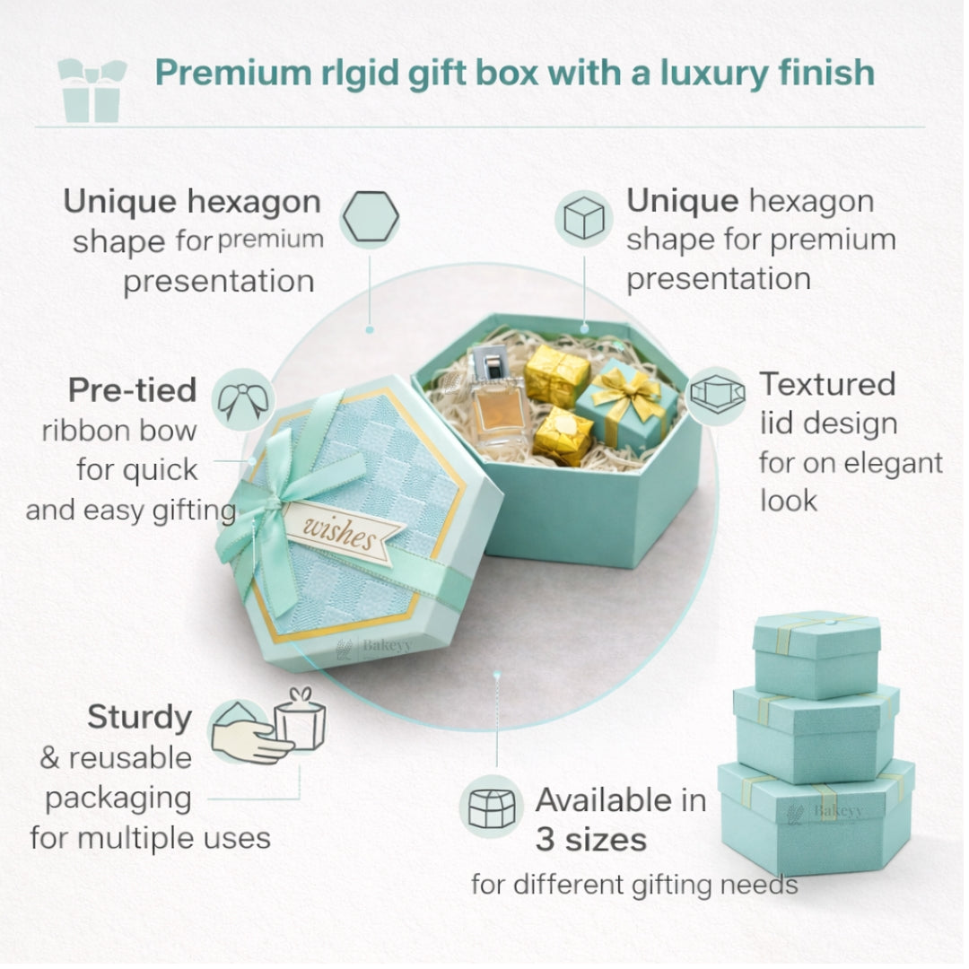 Turquoise Hexagon Gift Box with Ribbon | Luxury Rigid Hamper & Chocolate Packaging Box | Available in 3 Sizes | Pack of 1