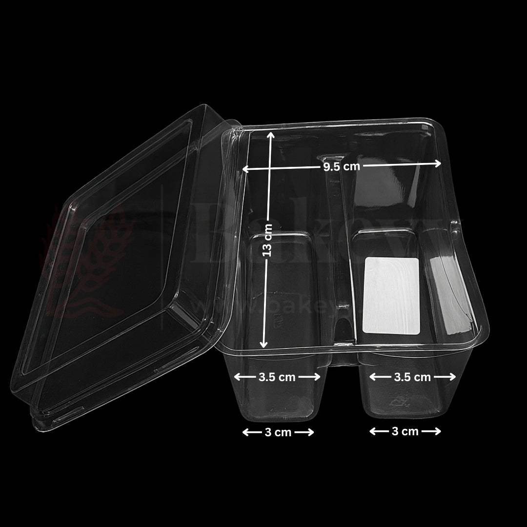 Clear plastic food container with dimensions on a black background