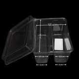 Clear plastic food container with dimensions on a black background
