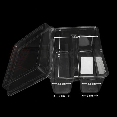 Clear plastic food container with dimensions on a black background
