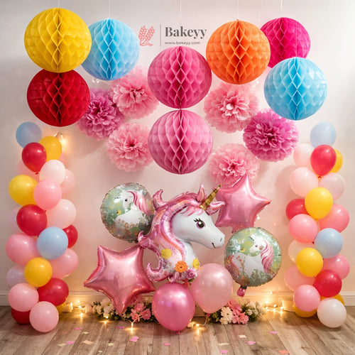 Complete unicorn themed balloon decoration set
• Attractive mix of pastel and bright colors
• Includes unicorn foil balloon and star foil balloons
• Honeycomb balls and tissue pom poms for layered décor
• Easy DIY setup with no professional help required
• Lightweight and reusable with careful handling
• Ideal for birthday parties, kids celebrations, and photo backdrops