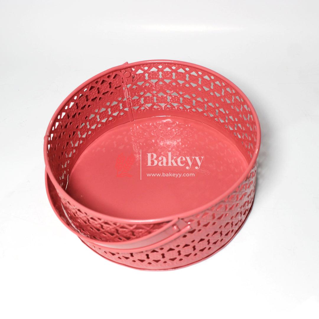 Hamper Basket For Gifting Round | Elegant & Durable Pink Metal Hamper Basket with Handle | Pink Colour