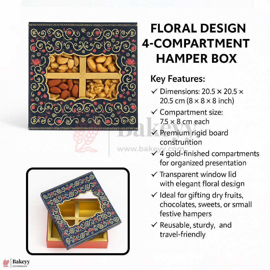 8x8x1.5 Inch | Rigid Dry Fruit Box | Elegant 4-Compartment Festive Hamper Box with Window Lid | Elegant Floral Design | Pack Of 1