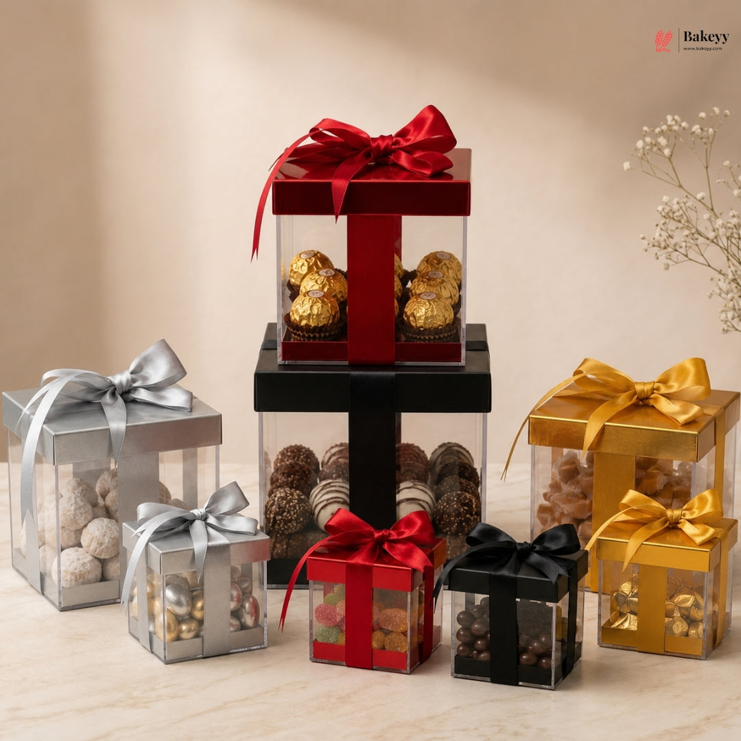Premium Transparent PVC Gift Box with Satin Ribbon Bow | Multiple Colors Available | Pack of 10