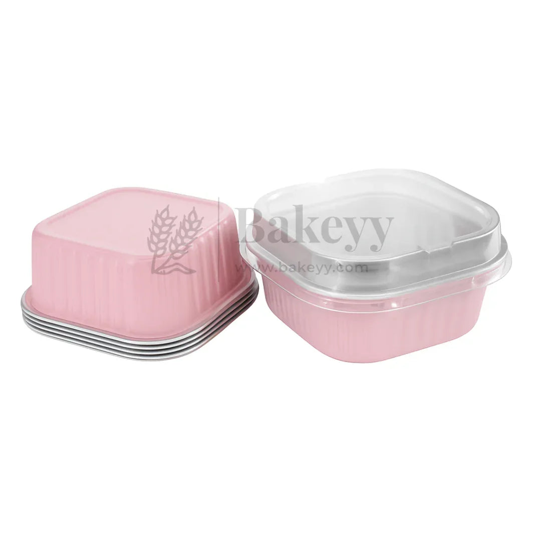 Aluminum Foil Baking Containers with Transparent Lid | Square Tins | Bake N Serve | Pack of 100 - Bakeyy.com - India - Aluminum Foil Baking Containers with Transparent Lid | Square Tins | Bake N Serve | Pack of 100 - Pink / 125 ml