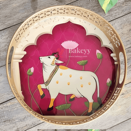 8 inch | Pichwai Tray for Return Gifts | Round Metal Tray Home Decor Items | Decorative Tray | Multicolour - Bakeyy.com - India - 8 inch | Pichwai Tray for Return Gifts | Round Metal Tray Home Decor Items | Decorative Tray | Multicolour - Design 10 / Pack of 1