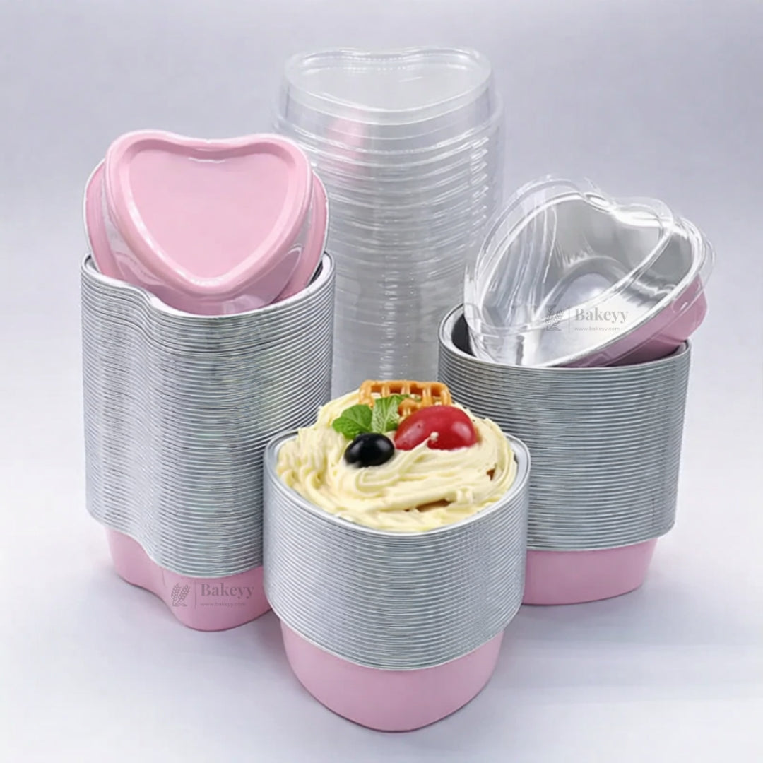 100 ml | Aluminum Foil Baking Containers with Transparent Lid | Heart Tins | Bake N Serve | Pack of 100