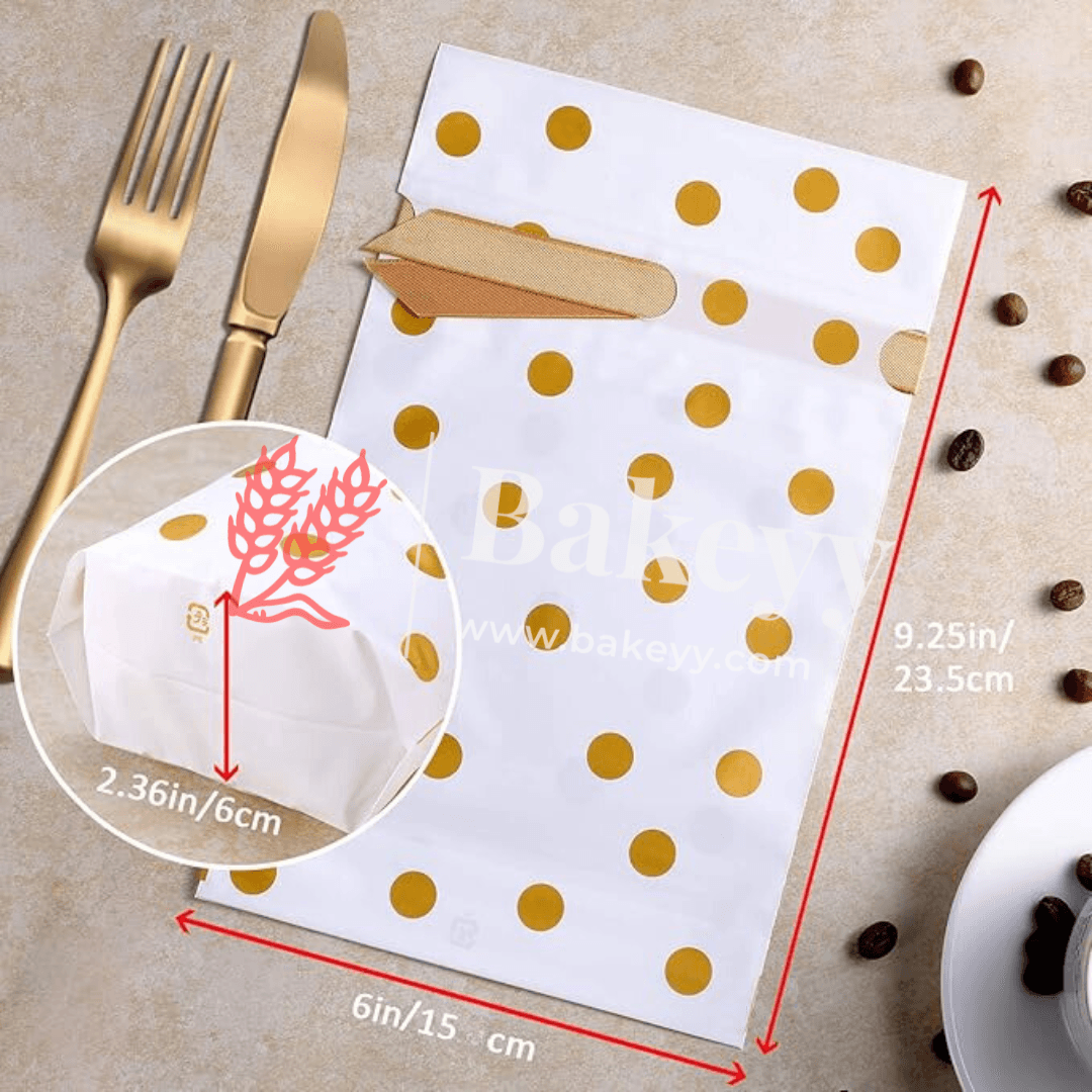 Gold Big Dots Plastic Stand Up Treat Favor Bags Gift Wrapper Bags for Candy Cookie Chocolate | Pack of 50 | - Bakeyy.com - India - Gold Big Dots Plastic Stand Up Treat Favor Bags Gift Wrapper Bags for Candy Cookie Chocolate | Pack of 50 | - Large