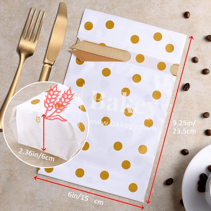 Gold Big Dots Plastic Stand Up Treat Favor Bags Gift Wrapper Bags for Candy Cookie Chocolate | Pack of 50 | - Bakeyy.com - India