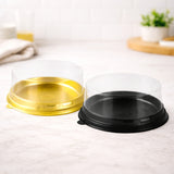 Bento Cake Container | Pack of 100 | Round Golden Plastic Cake Container with Clear Dome Lid | Individual Pastry Container