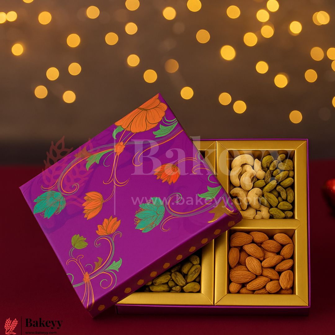 8x8x1.5 Inch | Rigid Chocolate Box | Elegant 4-Compartment Festive Hamper Box | Diwali Sweet box | Dry Fruit Box | Purple | 1 Piece