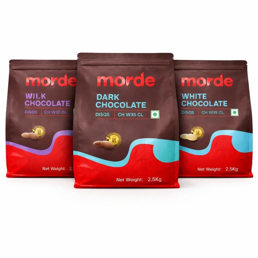 Morde Chocolate Discs Pack | Dark, Milk & White Chocolate for Baking, Moulding & Desserts | 2.5 Kg - Bakeyy.com - India - Morde Chocolate Discs Pack | Dark, Milk & White Chocolate for Baking, Moulding & Desserts | 2.5 Kg - Dark 2370.00