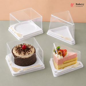 White Base Plastic Pastry Box with Transparent Lid & Spoon | Pack of 50