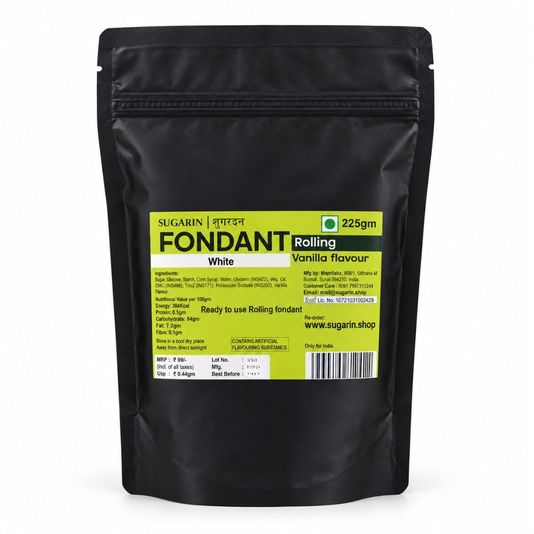 A black resealable stand-up pouch of Sugarin Fondant Rolling vanilla flavour, 225g, with a yellow and green label on a white background.
