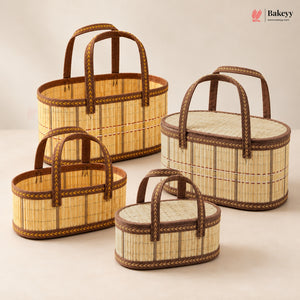 Oval Wooden Gift Basket | Brown & Beige Color | Woven Basket with Rigid Handle | 3 Sizes Available | Pack of 1