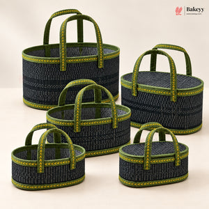 Oval Wooden Gift Basket | Green Color | Woven Basket with Rigid Handle | 3 Sizes Available | Pack of 1