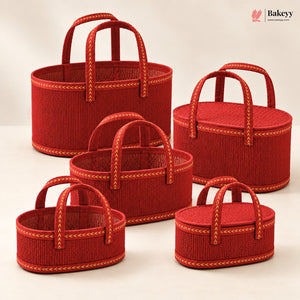 Oval Wooden Gift Basket | Red Color | Woven Basket with Rigid Handle | 3 Sizes Available | Pack of 1