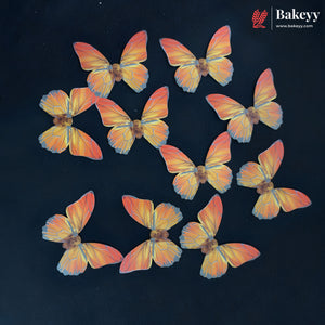 Nine butterfly-shaped cake toppers in orange, yellow, and blue are arranged on a dark background, with the Bakeyy brand logo in the top right corner.