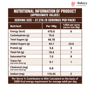 A brown and white nutritional information label for a Bakeey product, showing serving size 27.27g (9 servings per pack) with per 100g and % RDA values for energy, carbohydrates, sugars, protein, fat, and sodium.