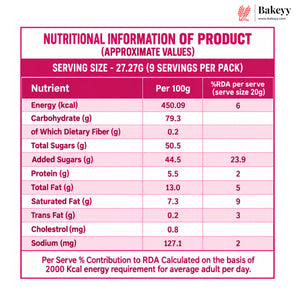 A nutritional information label for a packaged food product, showing serving size 27.27G (9 servings per pack) with a table of nutrients per 100g and %RDA per 20g.