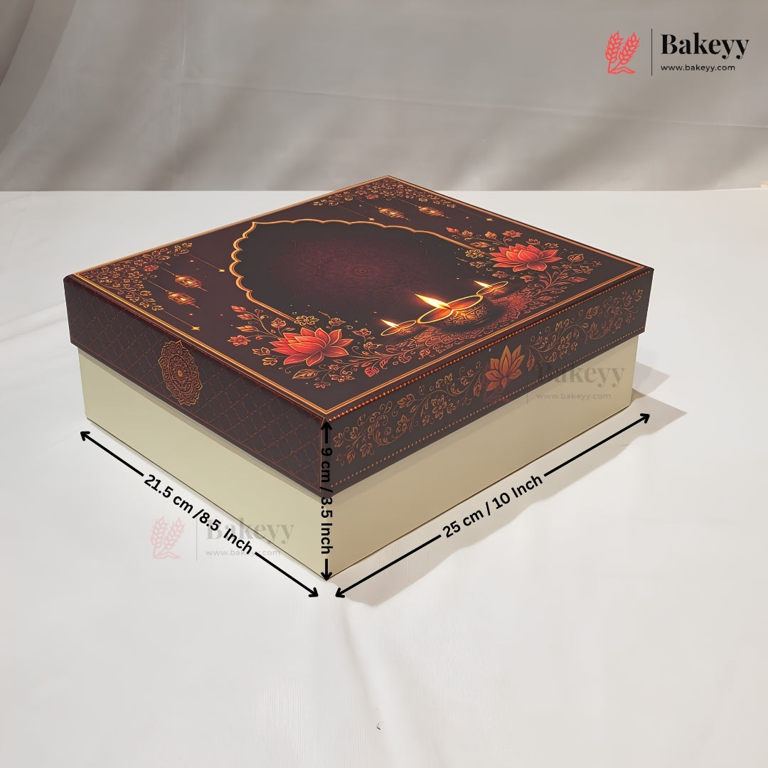 A rectangular bakery gift box with a cream-colored base and a dark brown lid decorated with floral patterns and a central medallion, shown with dimension arrows indicating 21.5 cm by 25 cm by 8 cm.