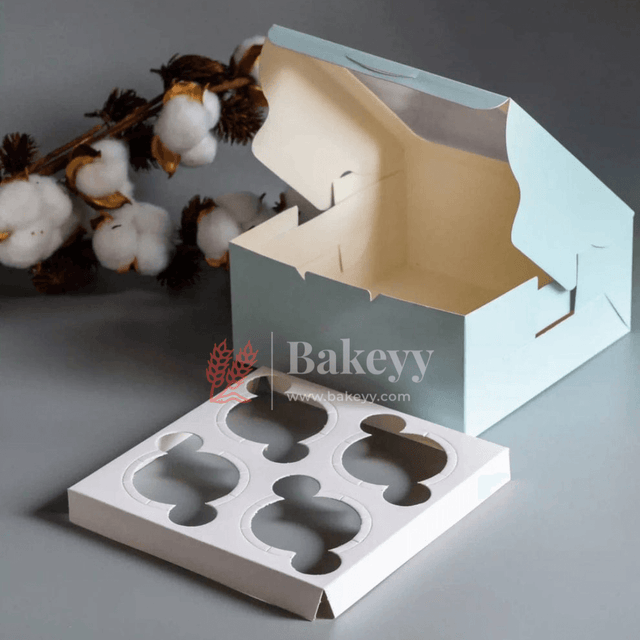 4 Cupcake Box | With Window On The Top | Sky Blue Color | - Bakeyy.com - India - 4 Cupcake Box | With Window On The Top | Sky Blue Color | - Pack of 10