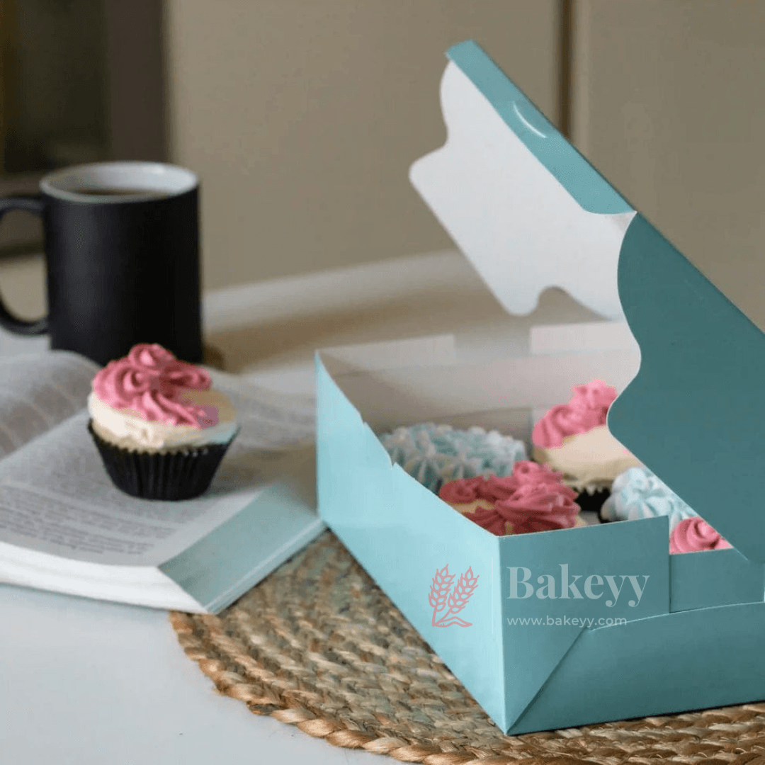 6 Cupcake Box | With Window | Sky Blue Color | - Bakeyy.com - India - 6 Cupcake Box | With Window | Sky Blue Color | - Pack of 10