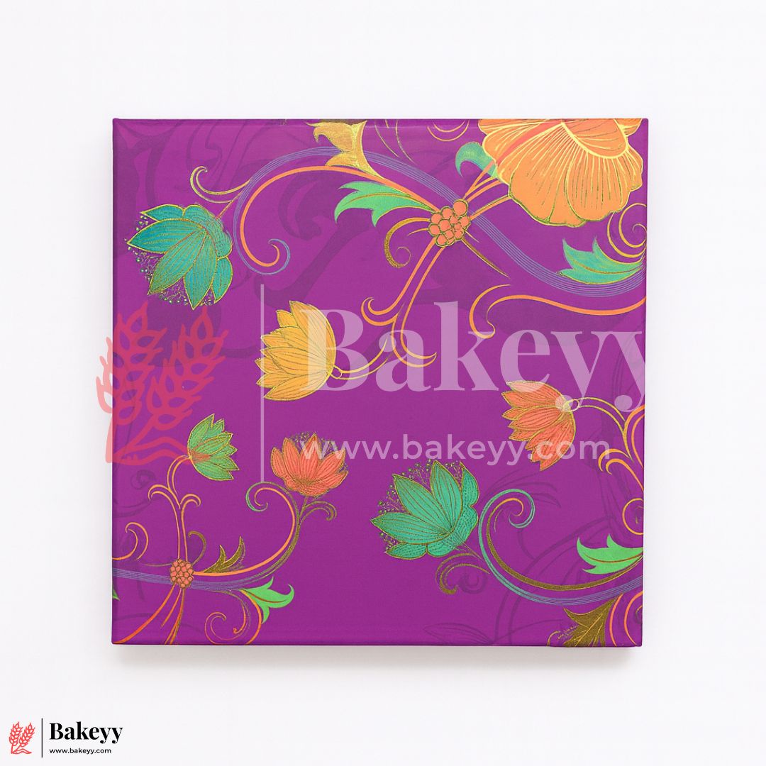 8x8x1.5 Inch | Rigid Chocolate Box | Elegant 4-Compartment Festive Hamper Box | Diwali Sweet box | Dry Fruit Box | Purple | 1 Piece