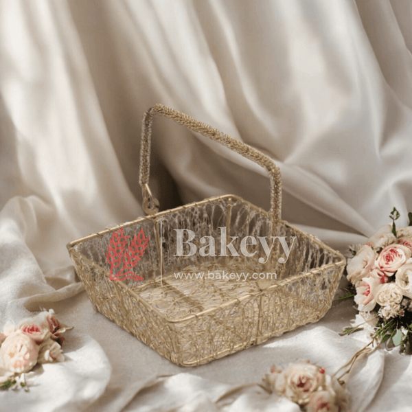 Decorative Gold Metal Hamper Basket For Gifting Square | Medium - Bakeyy.com