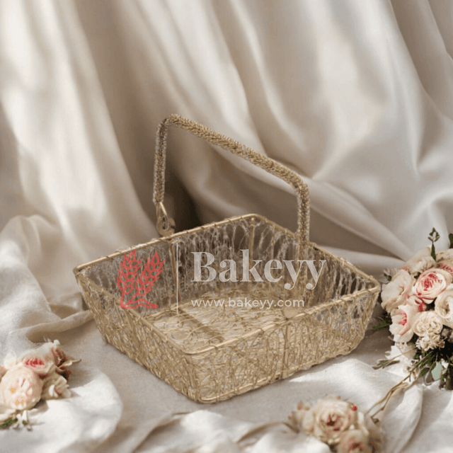 Decorative Gold Metal Hamper Basket For Gifting Square - Bakeyy.com - India - Decorative Gold Metal Hamper Basket For Gifting Square - Small - 6 Inch