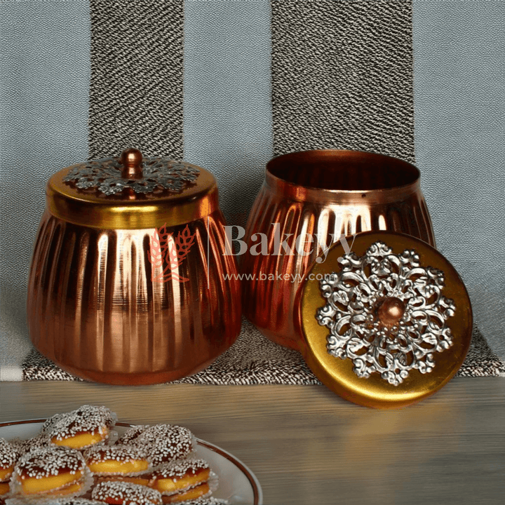 Hammered Copper Decorative Jar with Floral Lid | Copper tin & Copper lid | (Pack of 1) - Bakeyy.com