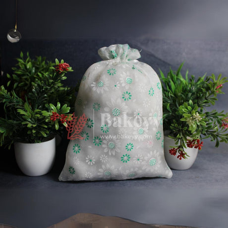 20x25 CM | Floral Designs Organza Potli Bags | Pack of 100 | White and green Color | Candy Bag - Bakeyy.com - India - 20x25 CM | Floral Designs Organza Potli Bags | Pack of 100 | White and green Color | Candy Bag - Default Title