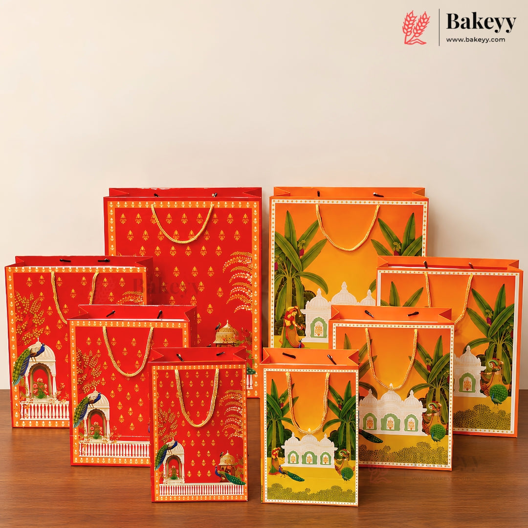 Decorative Indian Heritage Design Paper Gift Bag with Handle | Red & Orange | Pack of 10