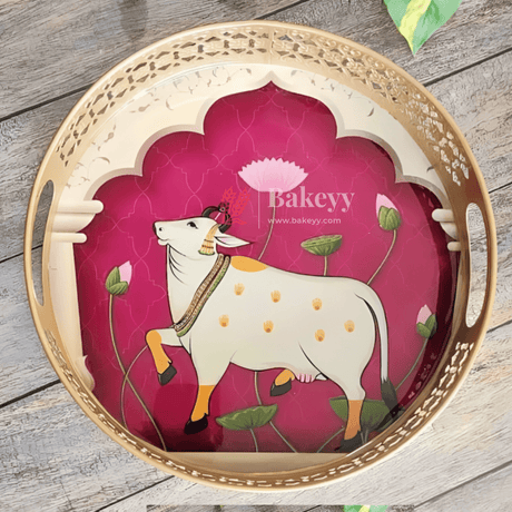 6 inch | Pichwai Tray for Return Gifts | Round Metal Tray Home Decor Items | Decorative Tray | Multicolour - Bakeyy.com - India - 6 inch | Pichwai Tray for Return Gifts | Round Metal Tray Home Decor Items | Decorative Tray | Multicolour - Design 2 / Pack of 1